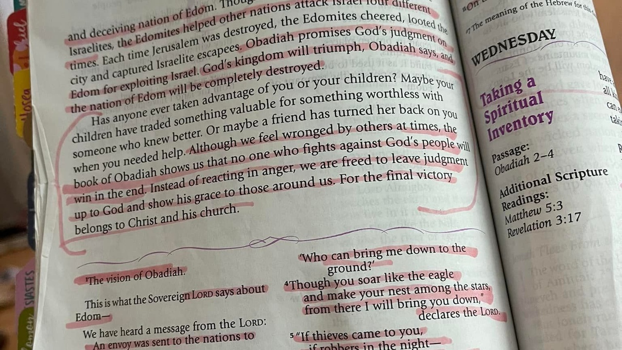 a page out of the bible, highlighted words of Obadiah